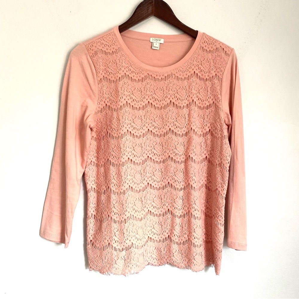 J CREW Womens Medium Blush Pink Crochet Lace Design 3/4 Sleeve Shirt YY7